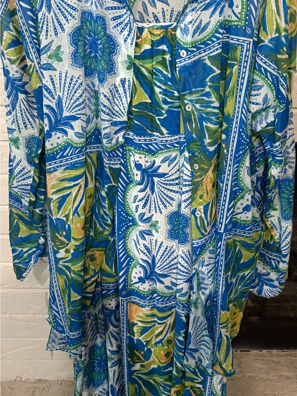 Vibrant Blue & Green Tropical Print Maxi Dress with Matching Button Up Top